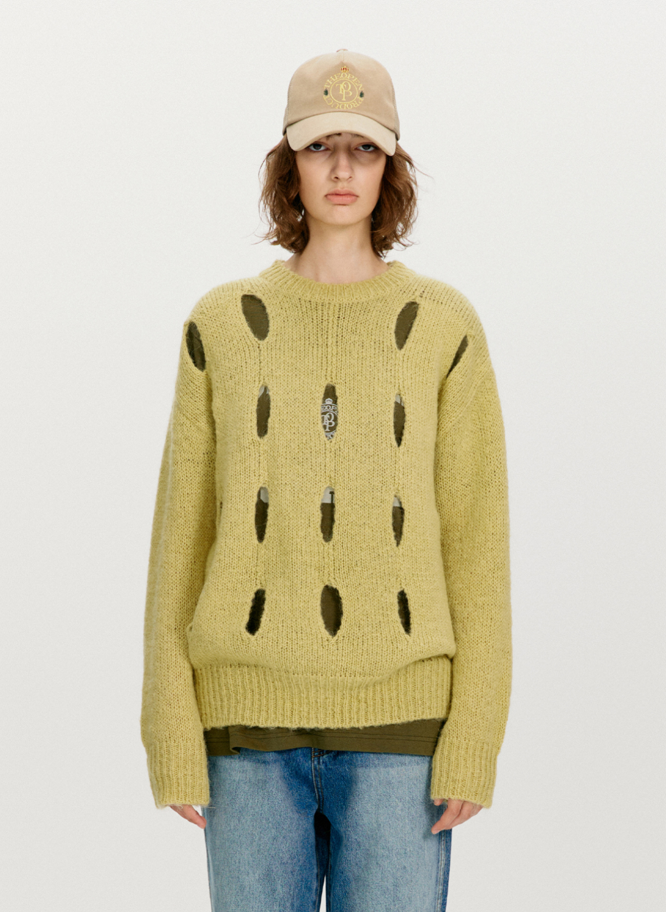 MOHAIR CUT-OUT KNIT TOP, YELLOWISH GREEN